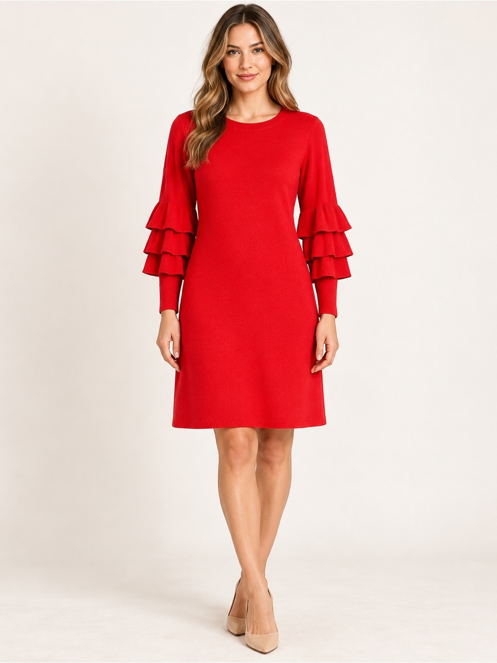 Red Cotton Cashmere Ruffle Sleeve Sweater Dress L Ruffle Sleeves Carolina Belle